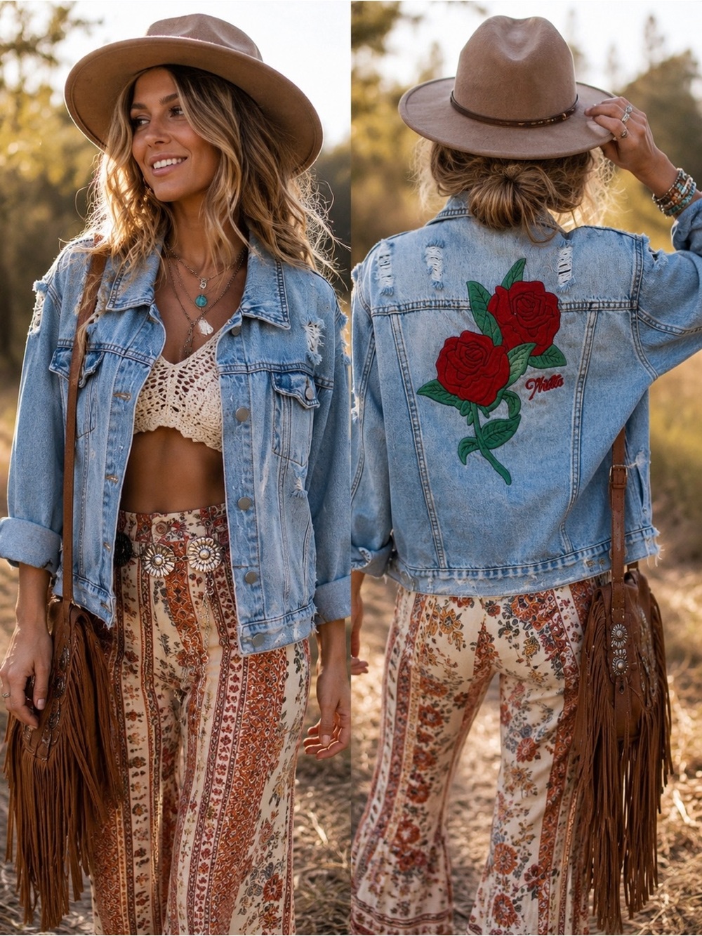 Thrills Washed Light Blue Distressed Denim Jacket with Roses embroidered on back